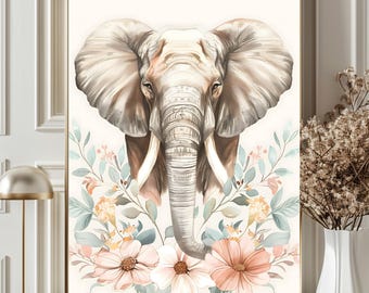 Elephant Wall Art Floral Poster, Boho Elephant Print, Neutral Nursery Decor, Safari Animal Wall Art, Botanical Elephant Artwork, Room Decor