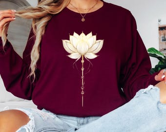 Lotus Flower Long Sleeve Shirt, Yoga Shirt, Meditation Tee, Spiritual Botanical Shirt, Mindfulness Gift for Her