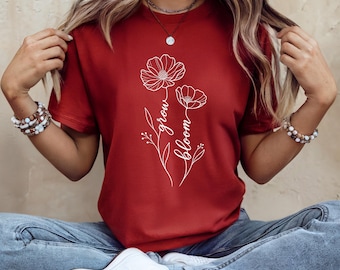 Shirt Grow Bloom Wildflower, minimalistisch bloemen Bella Canvas T-shirt, T-shirt Boho Esthetic Flower, inspirerend grafisch T-shirt voor dames