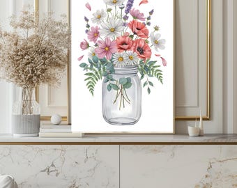 Wildflower Mason Jar Wall Art Print, Cottagecore Floral Bouquet Poster, Rustic Farmhouse Botanical Decor, Vintage Flower Vase Print