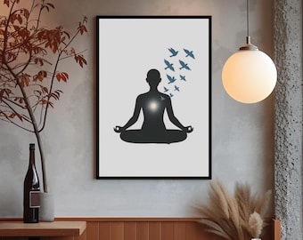 Meditation Silhouette with Birds Poster | Mindfulness Wall Art | Zen Yoga Decor | Minimalist Spiritual Art Print
