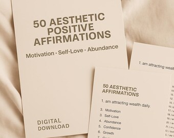 May include: Aesthetic digital download featuring 50 positive affirmations. The cards include affirmations for motivation, self-love, and abundance. The text "Digital Download" is visible on the card.