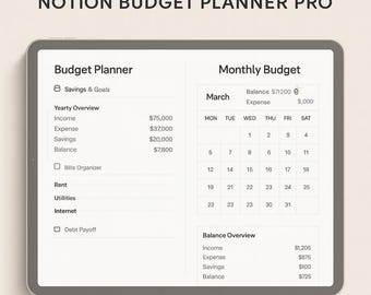 Könnte beinhalten: Ein digitales Tablet, das eine Notion Budget Planner Pro-Vorlage anzeigt. Der Bildschirm zeigt einen Budgetplaner mit Jahres- und Monatsübersichten, einschließlich Einnahmen, Ausgaben und Ersparnissen. Der Text "NOTION BUDGET PLANNER PRO" steht oben.