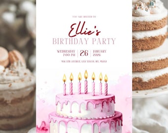 Invitación de pastel de cumpleaños para niña, con velas rosas (descarga digital)
