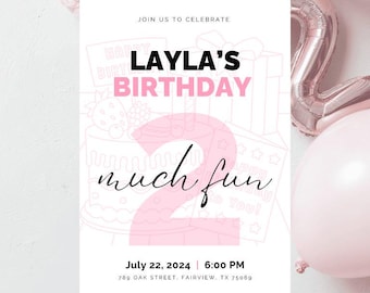 Two Much Fun Pink Birthday Invitation | Editable Digital Invitation