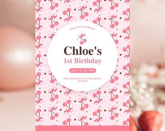 Berry First Birthday Invitation Girl, Strawberry Pink Party Invite, Editable Canva Template, Instant Download