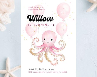 Under the Sea Birthday Invitation Girl, Pink Octopus, Canva Template (Digital Download)