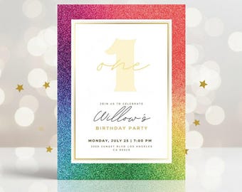 Rainbow Stripes Party Invite, Glitter First Birthday Invitation Girl, Editable Canva Template, Instant Download