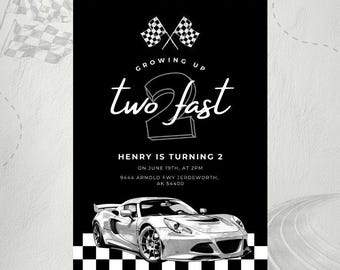 May include: A black and white birthday invitation card featuring two crossed chequered flags at the top, the text "GROWING UP two fast", and "HENRY IS TURNING 2 ON JUNE 19TH, AT 2PM 9444 ARNOLD FWY JERDEWORTH, AK 54400". A silver sports car sits above a chequered border.