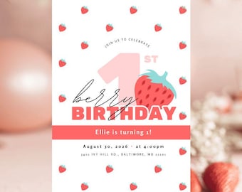 Strawberry First Birthday Invitation, Berry Party, Editable Canva Template (Digital Download)