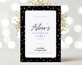 紙吹雪の1歳の誕生日招待状、編集可能なCanvaテンプレート、ブラックゴールドの紙吹雪パーティー招待状、すぐにダウンロード