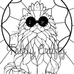 May include: A black and white line art coloring page featuring a long-haired cat wearing a crown and round sunglasses. The cat is centered within a circular frame with a stained glass pattern. The text Family Crafty is overlaid across the cat.