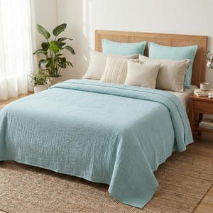 May include: A bed featuring a light blue crinkled texture quilt and a collection of pillows in light blue and beige tones. The bed has a natural wood headboard with a woven cane panel insert, positioned in a room with a large green potted plant.