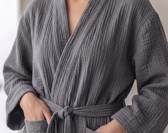 Accappatoio in mussola grigio scuro: kimono in garza di cotone, accappatoio da spa per uomo