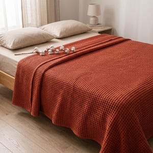 Rust Waffle Throw Blanket, Earth Tone Boho Bedspread, Cotton Sofa Cover