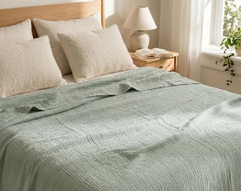 Coperta in mussola a 4 strati color verde salvia: copriletto king size in cotone sostenibile
