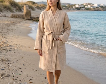 Light Beige 4-Layer Muslin Robe: Cotton Gauze Kimono, Unisex Housecoat