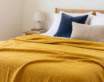 Mustard 4-Layer Muslin Bedspread: Yellow Gauze Cotton Throw Blanket