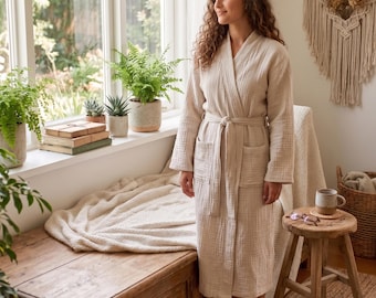 Light Beige Spa Muslin Robe: Turkish Cotton Morning Housecoat, Unisex Fit