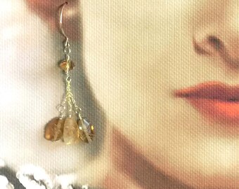 Faceted Citrine and Carved Leaf Citrine Earrings with 14k Gold-Filled Chain and Ear Wires