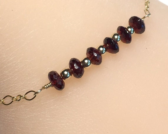 Delicate Minimalist Bracelet of Six Natural Garnet Gemstones with 14k Gold Fill Chain and Clasp