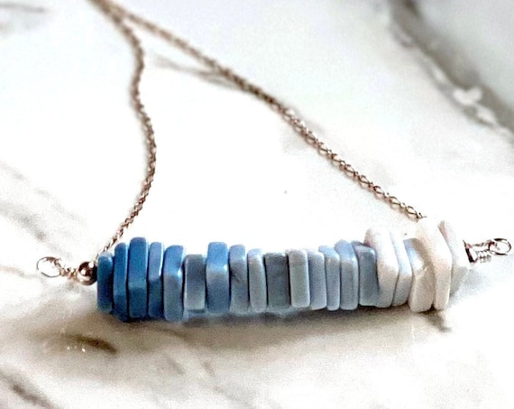 Sterling Silver and Ombre Blue Opal Gemstone Minimalist Bar Necklace
