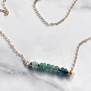 Ombre Emerald Gemstone Minimalist Bar Necklace with 14k Gold Filled Chain and Beads