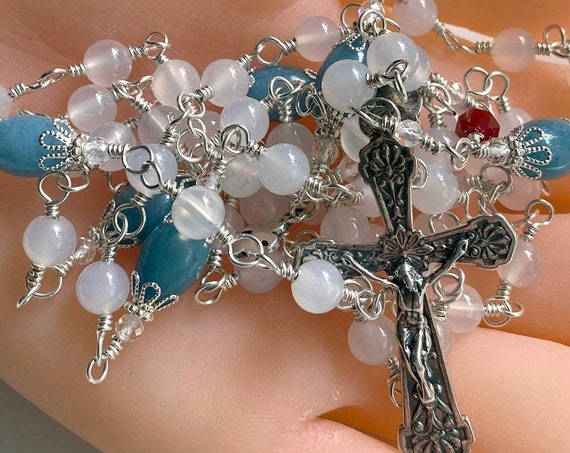 Heirloom Sterling Silver Unbreakable Wire-Wrapped Catholic Rosary in Aqua Agate and White Agate
