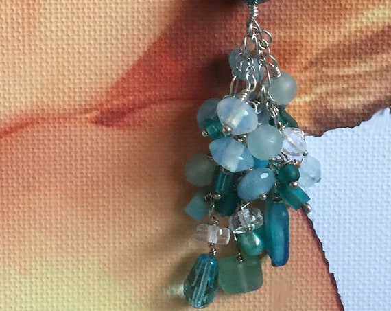 Statement Sterling Silver Aqua and Turquoise Waterfall Chandelier Earrings on Sterling Silver Ear Wires