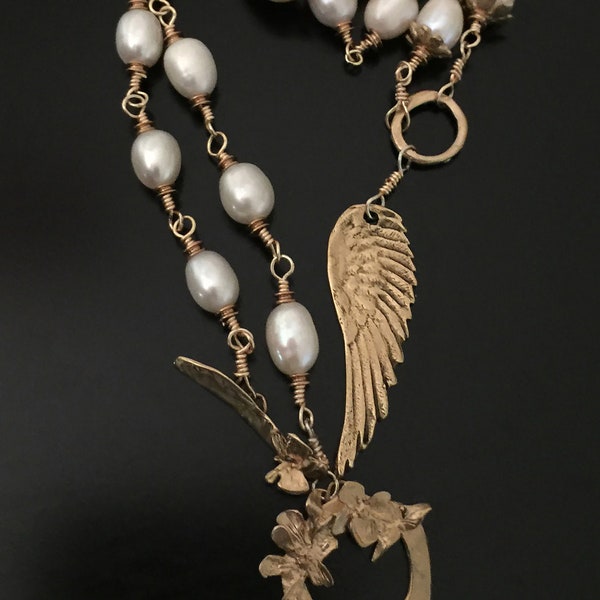 Freshwater Pearl Necklace: Bronze Angel Wing Pendant, Handmade Clasp
