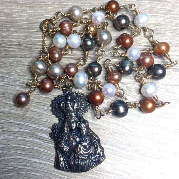 Madonna and Child Bronze Pendant Necklace: Freshwater Pearl Rosary