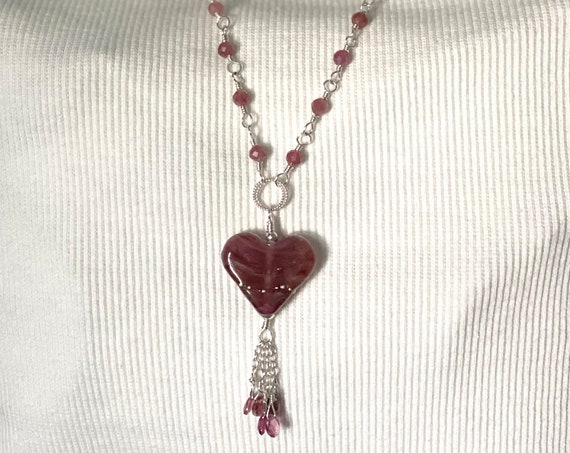 Sterling Silver and Tourmaline Gemstone Necklace with a Wild Rose and Silver Lampwork Glass Heart and Tourmaline Tassel