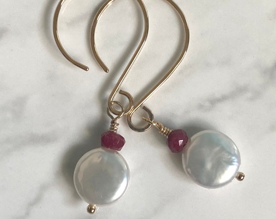 Freshwater Coin Pearl, Ruby Gemstone and 14k Gold-Filled Earrings