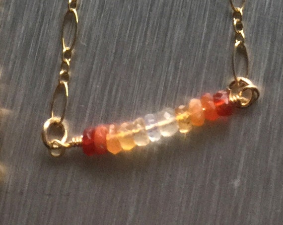 Mexican Fire Opal Ombre / Shaded Gemstone 30 Inch Minimalist Bar Necklace with 14k Gold Filled Chain