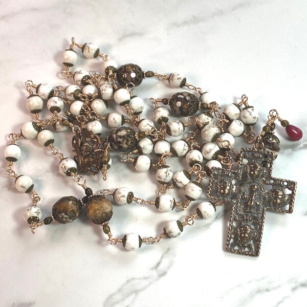Handmade Bronze Rosary: White Turquoise, Coffee Jasper, Angel Crucifix
