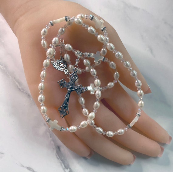 Sterling Silver White Freshwater Pearl Five-Decade Cable Catholic Rosary with Mother of Pearl Cross Beads and Crystals