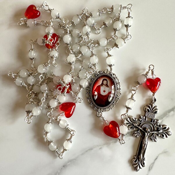 White Jade and Red Crystal Heart Heirloom Wire-Wrapped Five Decade Catholic Rosary in Pewter