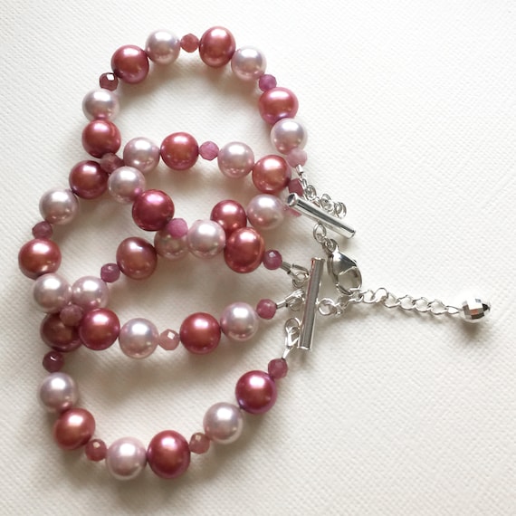 Sterling Silver, Pink Freshwater Pearl and Pink Tourmaline Gemstone 3-Strand Bracelet