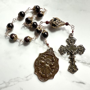 Garnet Gemstone Assumption of Mary Heirloom Chaplet in with 2.5-Inch Ornate Crucifix and 2-Inch Two-Sided Medal in True Solid Bronze