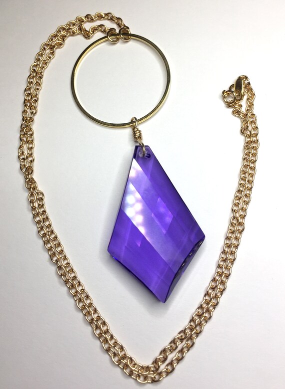 Necklace of Large Sparkly Purple Crystal Pendant Hanging from Turkish Ring