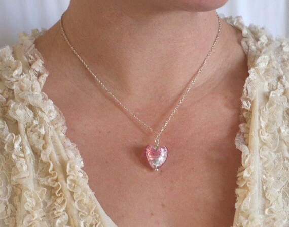 Pink Glass Heart Dangle Necklace
