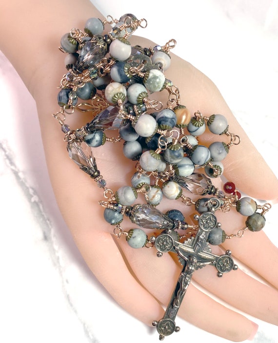 Heirloom Solid Bronze Wire-Wrapped Five-Decade Catholic Rosary in Matte Picasso Jasper and Faceted Crystal