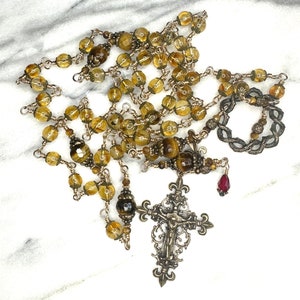 Golden Citrine and Tiger&#39;s Eye Gemstone Heirloom Catholic Rosary in Solid Bronze with Filigree Crucifix and Crown of Thorns Center