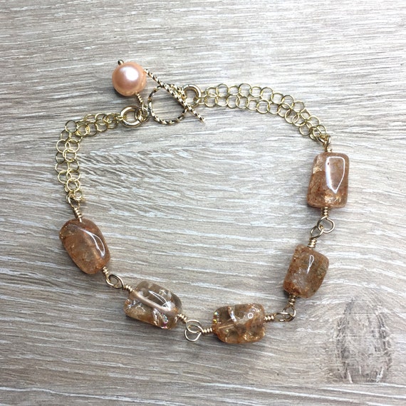 Apricot Ice Flake Quartz Smooth Nuggets and Gold Fill Chain Bracelet with Toggle and Apricot Pearl