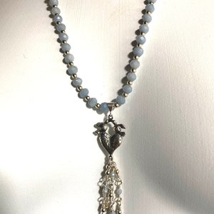 Icy Blue Angelite and Sterling Silver Necklace with Heart with Doves Pendant and Tassel