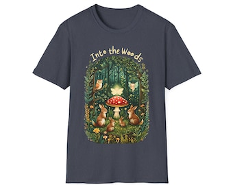 Camiseta con círculo de setas del bosque, conejo, zorro y búho / Ilustración del bosque