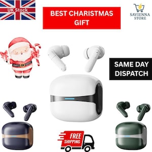 May include: An image showcasing wireless earbuds in various colors, including white, navy blue, and green, along with their charging cases. The image also features a Santa Claus illustration and text that reads "BEST CHRISTMAS GIFT" and "SAME DAY DISPATCH".