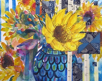 Sunflowers - mixed media original floral still life painting