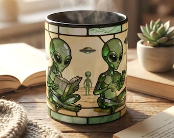 Grappige alien gebrandschilderd glas ufo-mok, cadeau alienliefhebber, rare unieke koffiekop, sciencefictioncadeau voor hem, cadeau Alien Obsessed, mok ruimteliefhebber