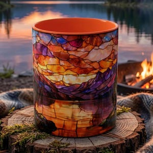 May include: A cylindrical mug with an orange interior and a stained-glass design depicting a sunset over a lake and mountains. The mug is set on a wooden stump, with a campfire and lake in the background.